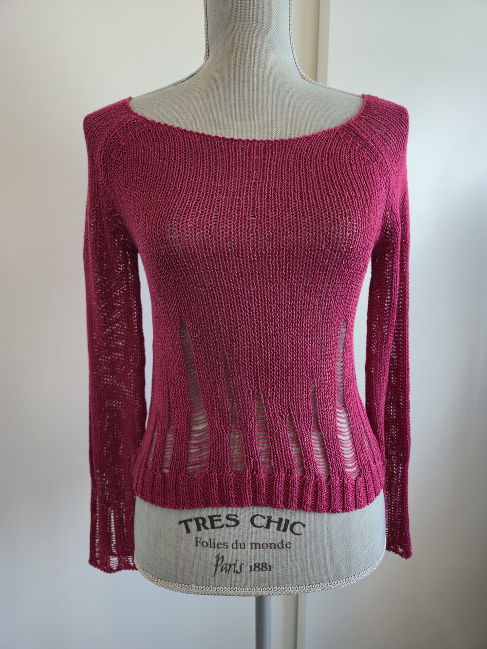 Jessica Simpson Pink Open-Weave Round Neck Sweater Y2K Style Size XS